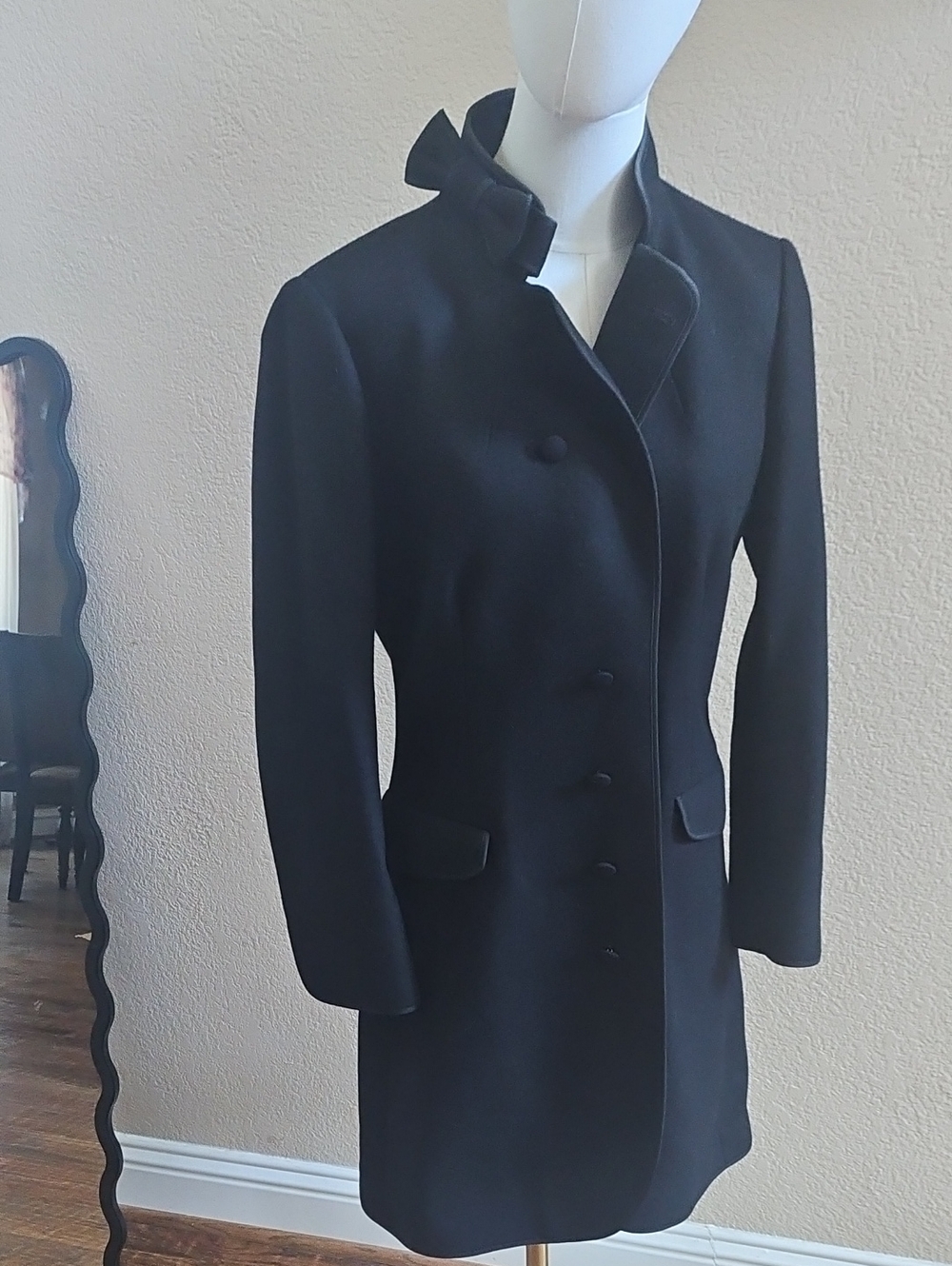 RED Valentino Black Tailored Trench Coat with Stand Collar